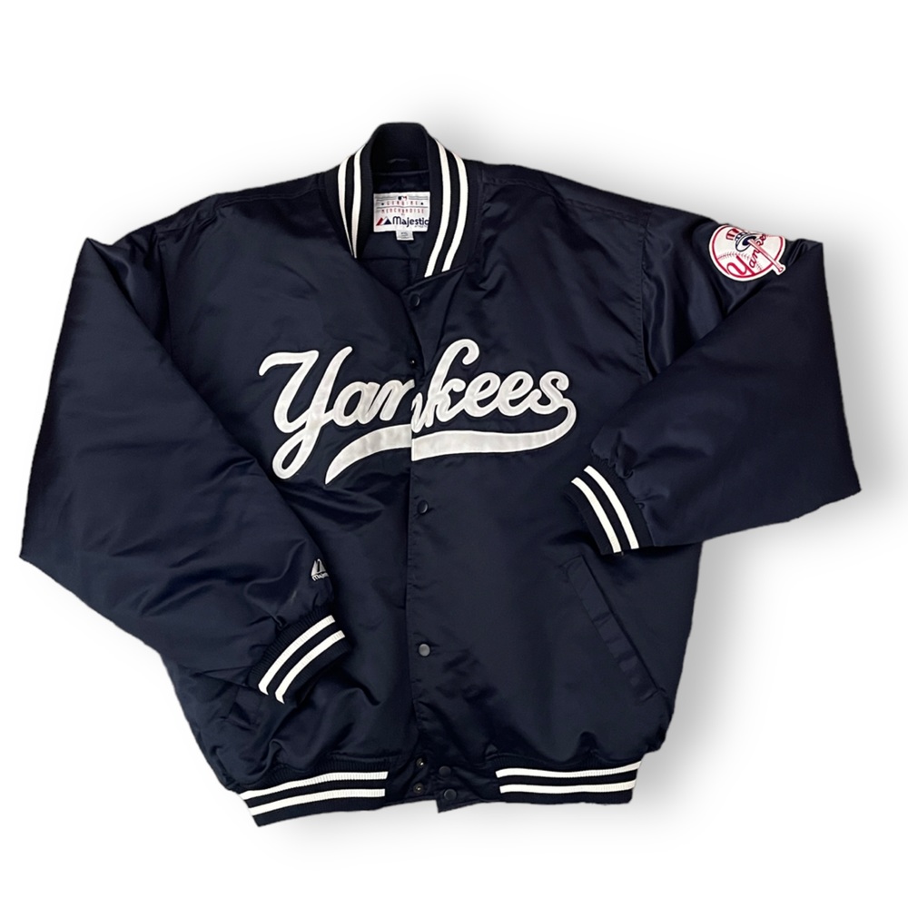 Vintage Authentic Majestic Satin Navy Blue Yankee Jacket Size XXL 2XL